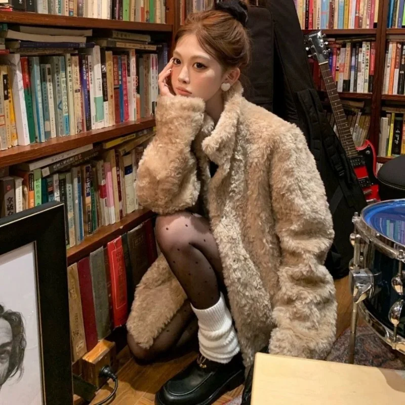 2026 Autumn Winter Eco Friendly Faux Fur Jacket Stand Collar Fluffy Plush Overcoat for Women Korean Style Fashion Outerwear Coat