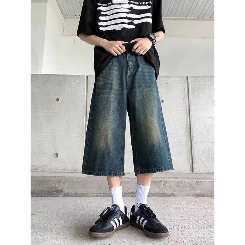 

Male High Street Vintage Washed Denim Capri Pants Shorts Men Boy Trendy Ins Chic Y2K Wide Leg Japanese Style Pockets Shorts