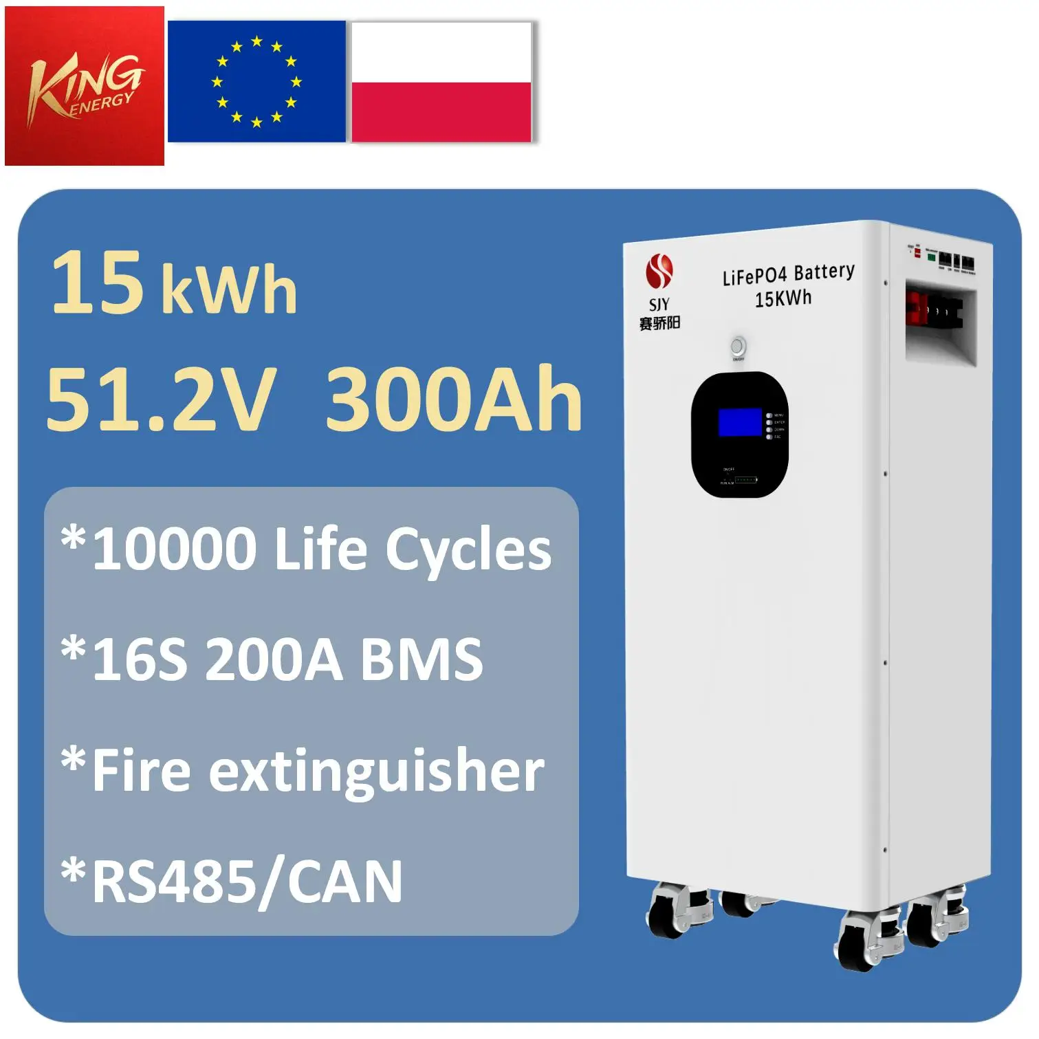 Batteria al litio LiFePO4 SJY 51.2V 300Ah, 10.000 cicli, 15 kWh per sistemi di accumulo solare fotovoltaico