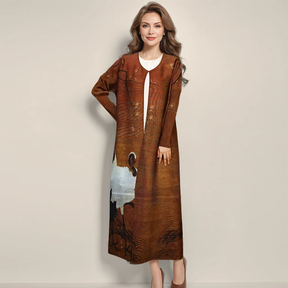 

Pleated trench coat women's fashion temperament design sense crew neck cardigan long trench coat simple elegance resort style hi