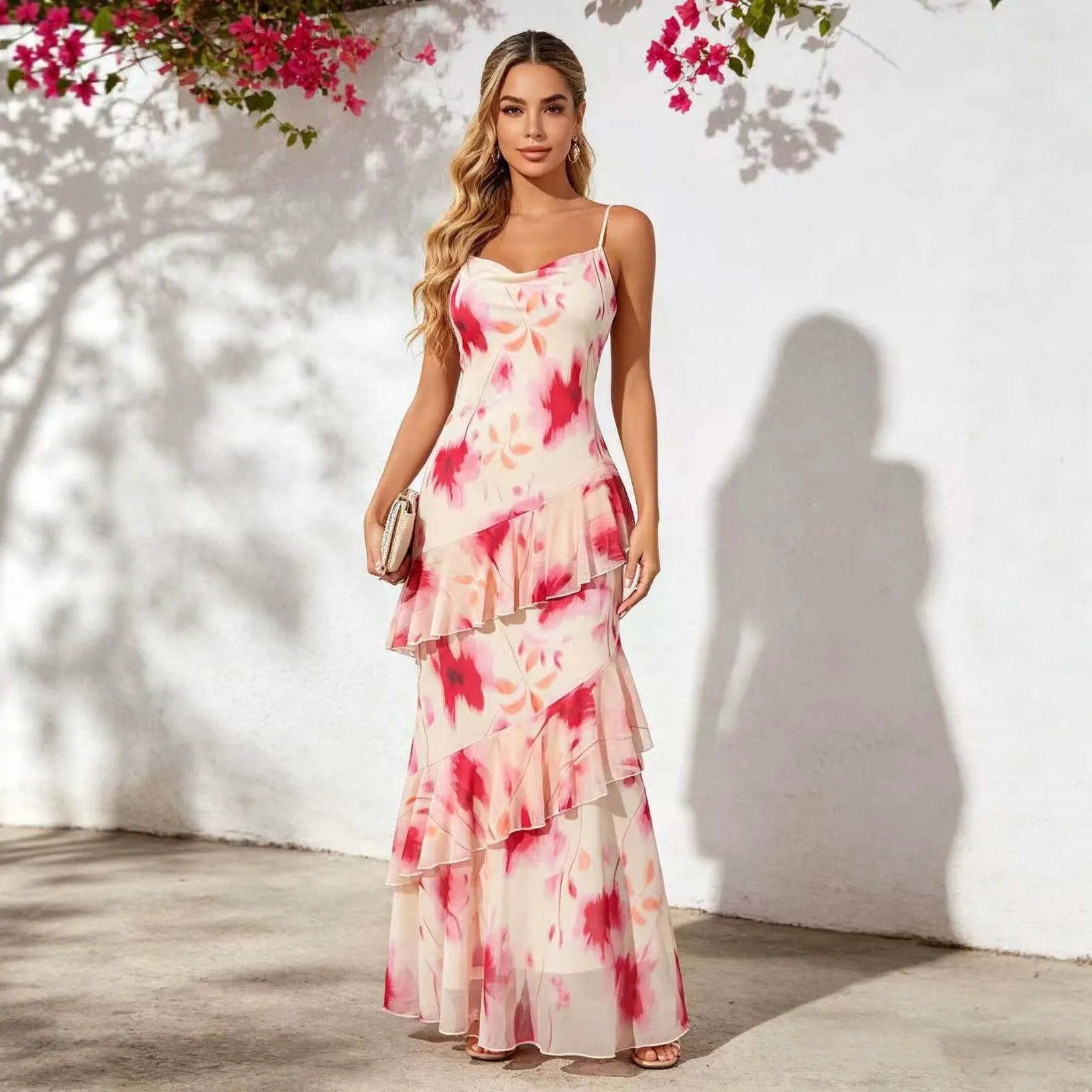 2026 New Style Wind Print Lay Off Long Clothes, Vacation Style Ruffled Smart Fit Clothes Evening Dresses Robe Boho Luxury