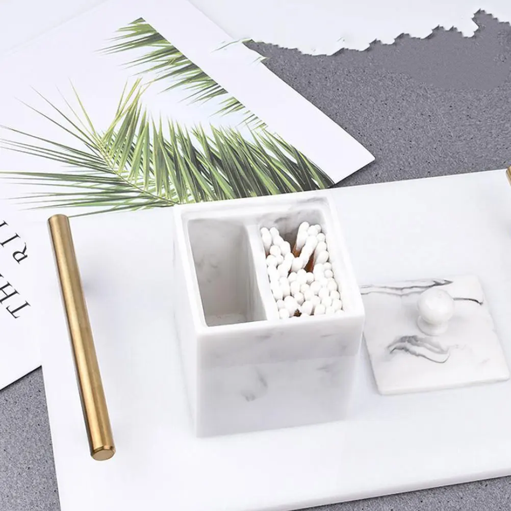 

1pc Resin Marble Cotton Swab Box Toothpick Holder Storage Organizer Dustproof Cover White Space Saving Apothecary Jar Home