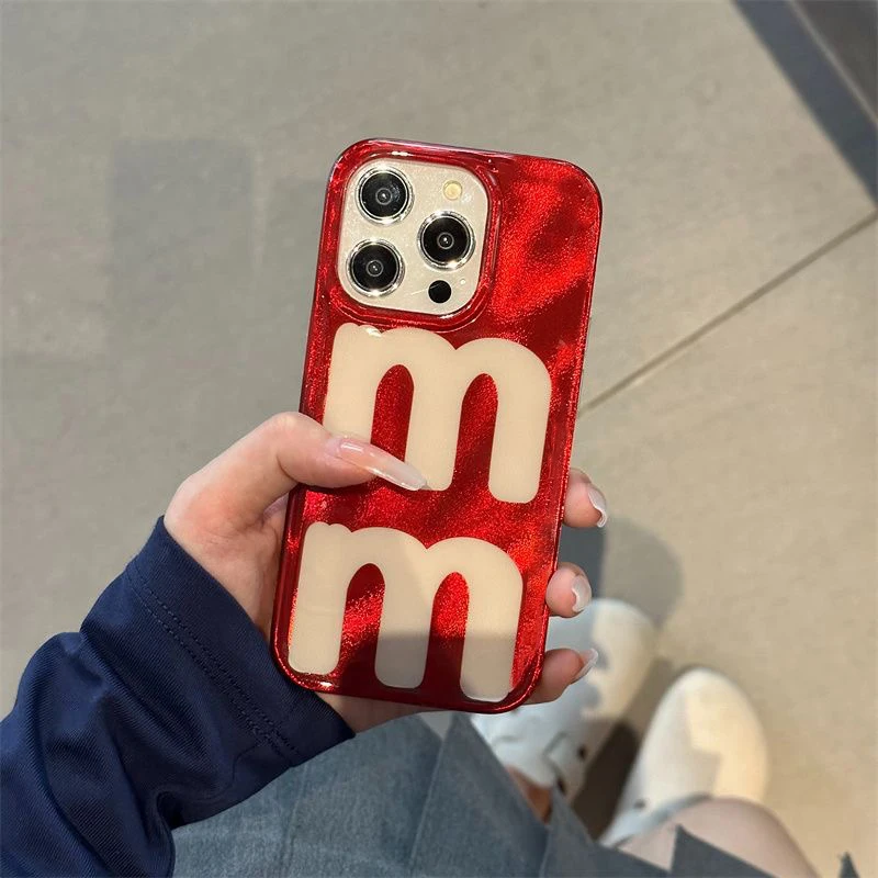 Phone Case with Red Background and Two M Letters, Water Ripple Pattern, iPhone 11, 12, 13, 14, 15 ,16 Pro Max