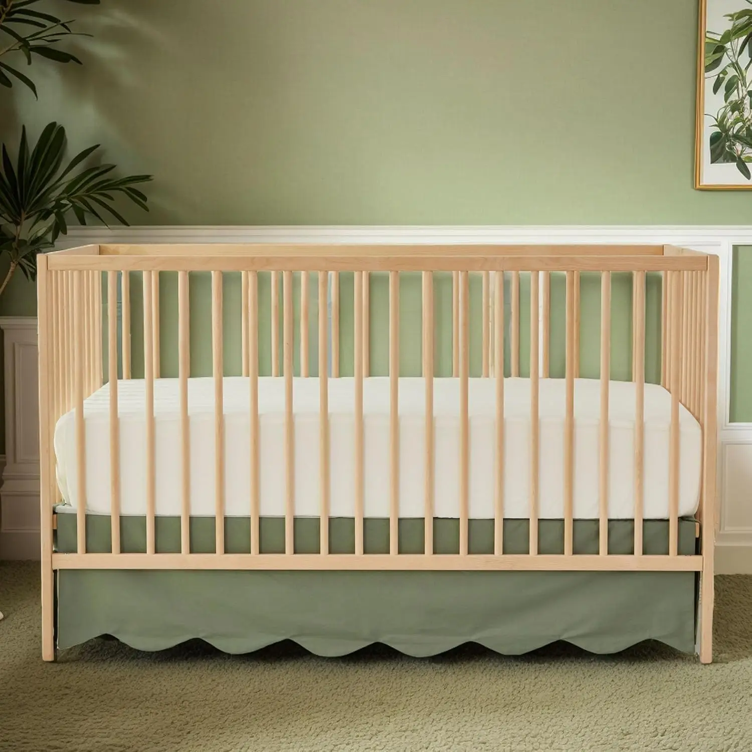 

Scallop Edge Cotton Crib Skirt, Boho Farmhouse Baby Nursery Toddler Bedskirt, Sage Green Solid