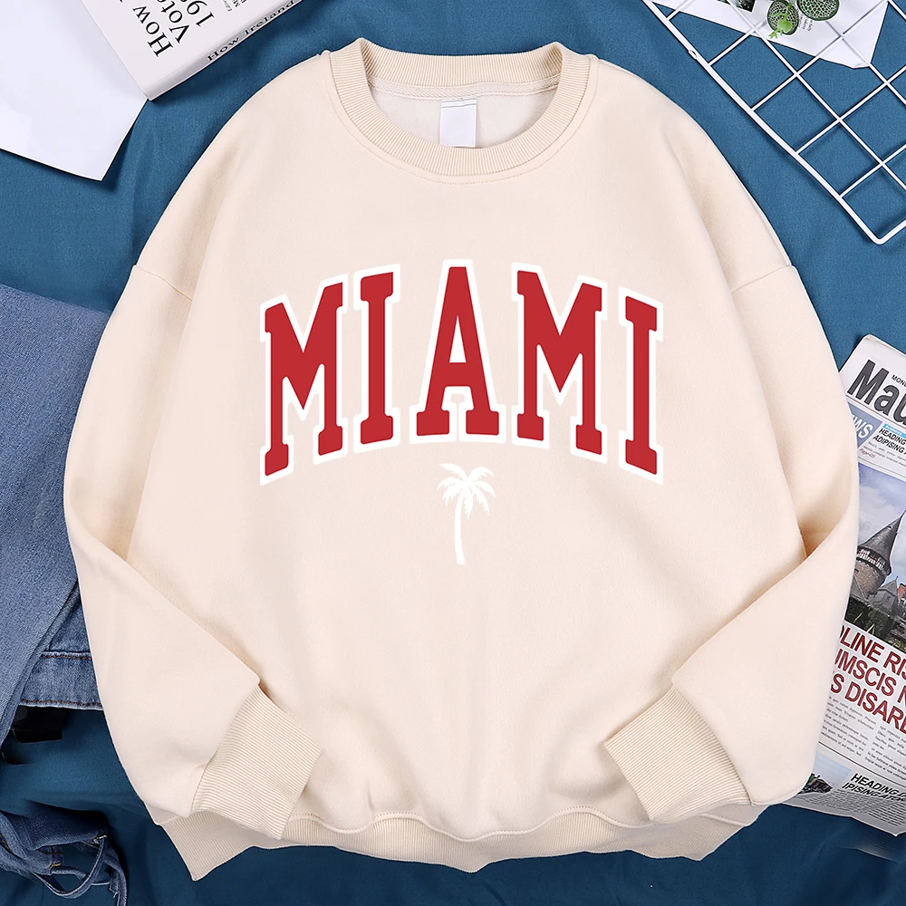 Miami, Usa Coconut Trees, Sunny Beach Male Sweatshirts Hip Hop Fleece Hoody Creativity Loose Hoody Street O-Neck Women Hoodie