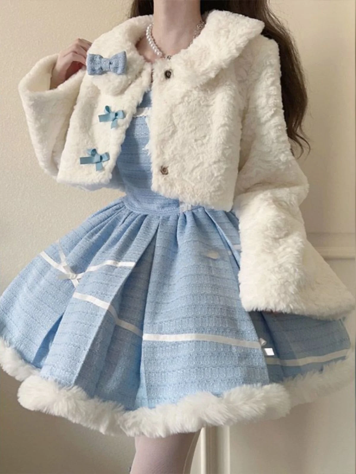 

Lolita Princ Thiened Winter Outfit Set Plu Puff Skirt Sweet Cute Sle High Waist Long Sve Button Closure Autumn Wi...