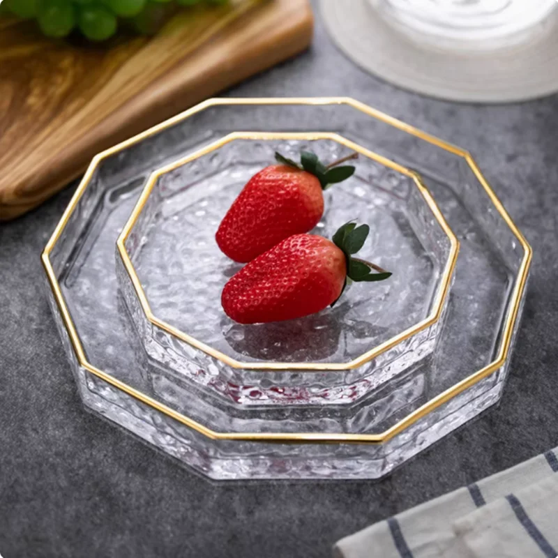 Golden Polygon Hammer Patterned Glass Plate, Western Style Dining Plate, Home Dessert Plate, Living Room Fruit and Snack Plate