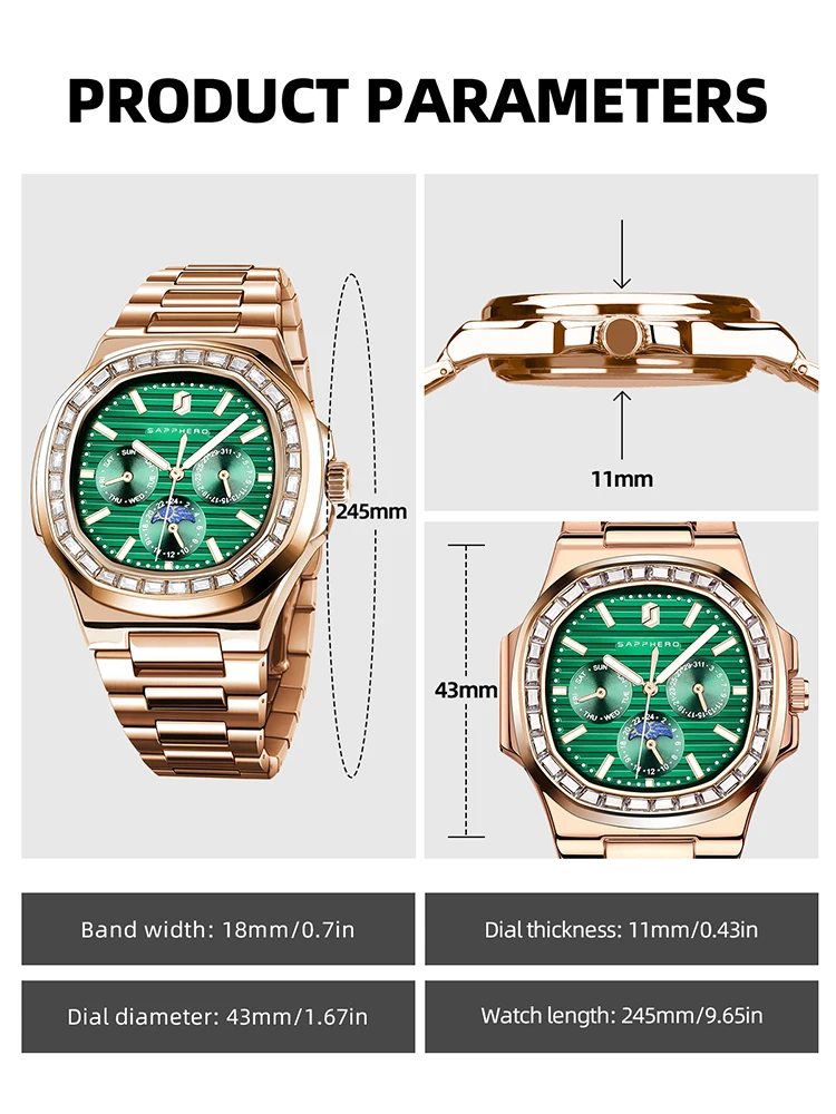 SAPPHERO Men's Watches Waterproof Square Watch Diamond Clock Business Sports Men's Stainless Steel Watch