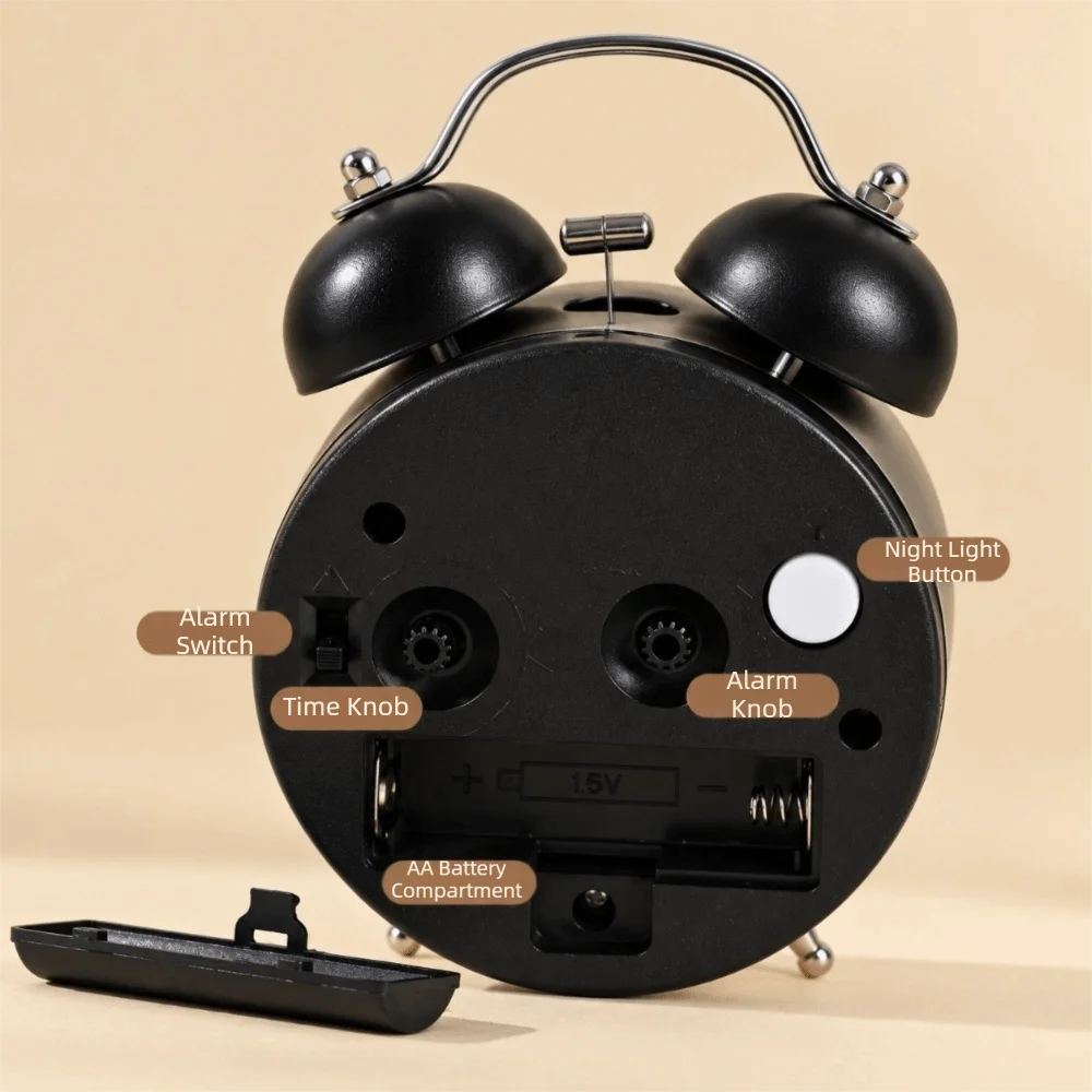 3 Inch Bell Alarm Clock Battery Operated Night Light Kids Alarm Clock Backlight Loud Ringing Metal Alarm Clock For Students