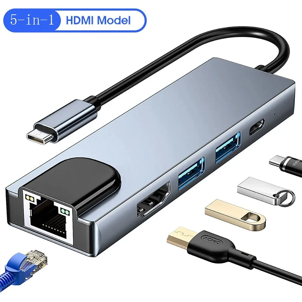 5 Ports USB C Docking Station Type C To HDMI 4K/RJ45 100M Splitter USB 3.0 5Gbps High Speed USB HUB Adapter For Laptop Macbook