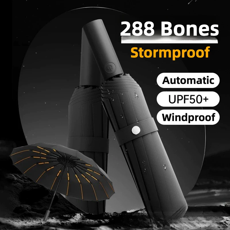 Stormproof Automatic Folding Umbrella for Men Women, 288 Bone Windproof Strong, Large Sun UV UPF50+ Protection Rain Umbrellas