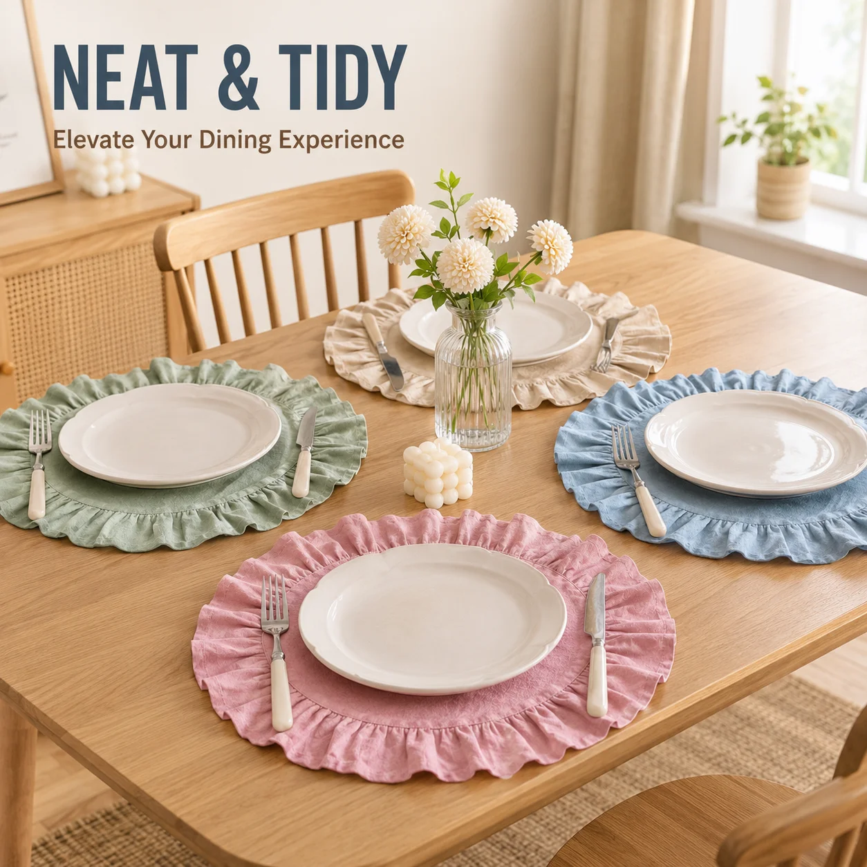 Round Cotton Placemats with Ruffle Edge Washable Table Mats Cloth Napkins for Dining Kitchen Wedding Party Decoration Use - view 2