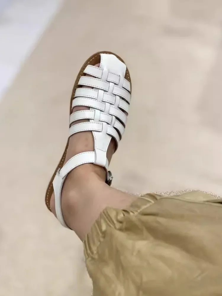 Vintage Weaving Design Women Gladiator Sandal Handmade Buckle Strap Hollow Out Cowskin Genuine Leather Sandal Casual Flat Shoes