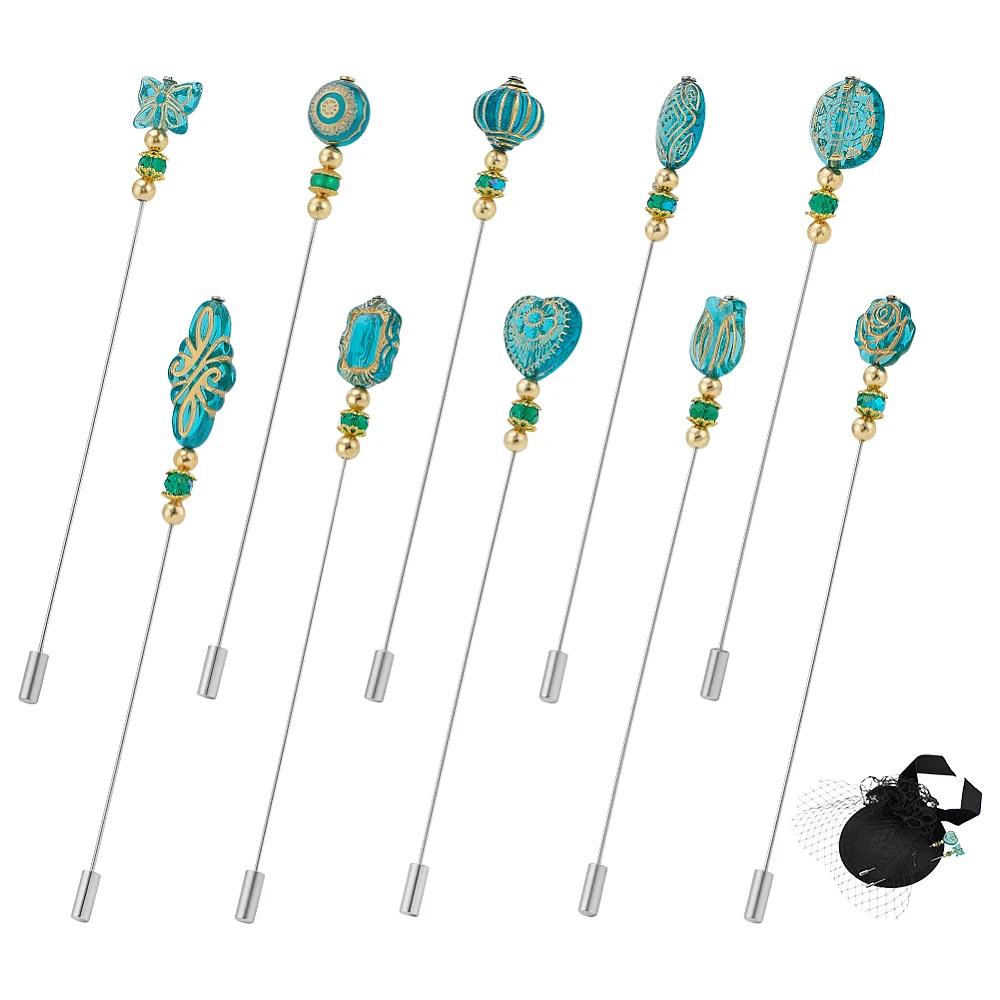 10 Styles Hat Pins 4.9'' Butterfly Heart Bead Lapel Pin Rose Lantern Stick Pin with Glass Faceted Beads Elegant Hair Suit Pins