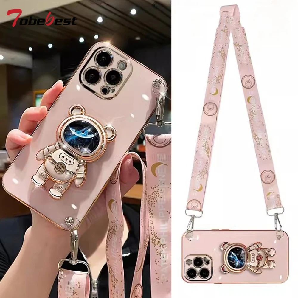 Crossbody Lanyard Quicksand space bear Plating Case for Iphone 14 13 12 Mini 11 Pro XS Max XR X 8 7 6S 6 Plus SE 2020 Cover