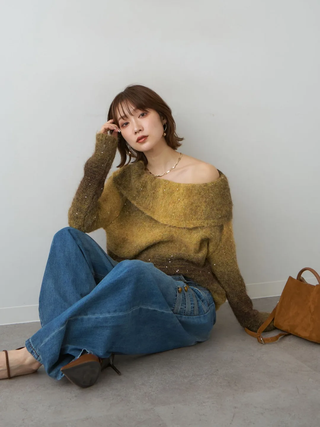 Shiny Sequin Shoulder Bared Knitwear Women's Autumn Winter New Style Atmosphere Feeling Gradient Color Sweater Casual Streetwear
