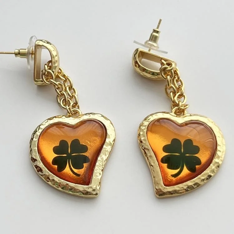 

European and American Orange Transparent Clover Big Heart Earrings