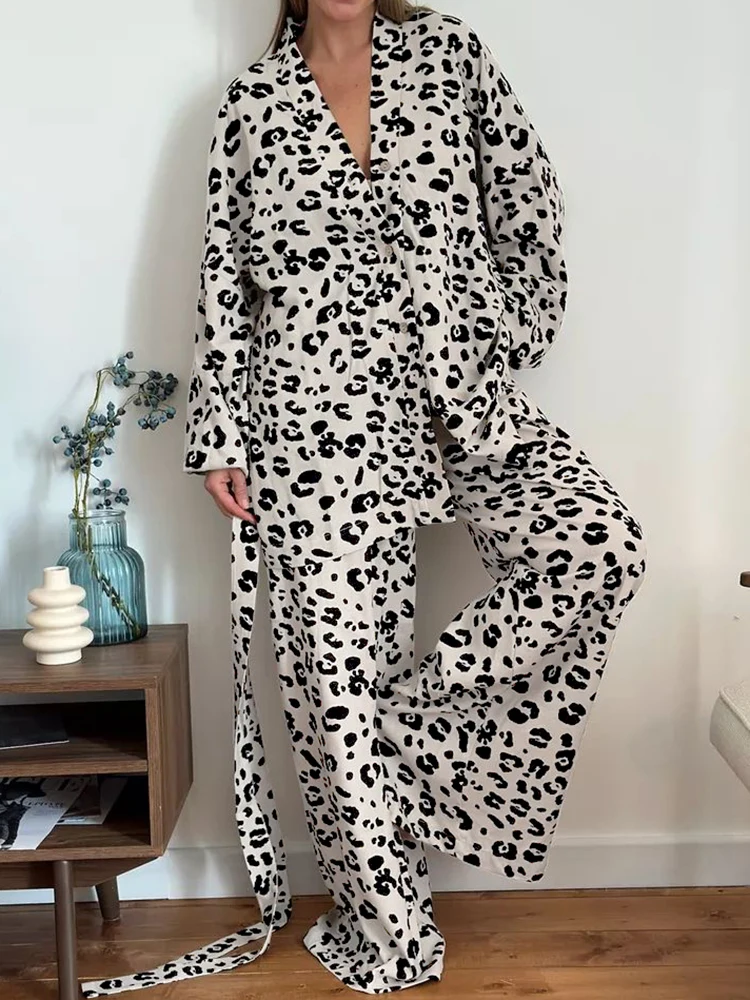 Hiloc Loose Women\'s Home Clothes 2 Piece Sets Leopard Long Sleeve Sleepwear Sashes Casual Female Trouser Suits Autumn 2024