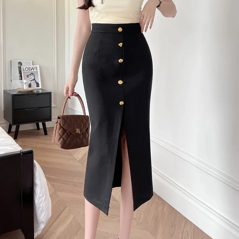 Elegant Summer Bodycon Skirts Office Women 2024 Fashion High Waist Faldas Largas Sexy Button Korean Style Mid Length Skirt y2k