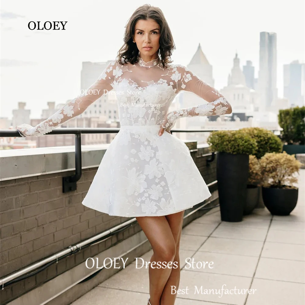 

OLOEY 2024 High Neck Mini Wedding Dress Long Sleeves Lace Appliques Custom Bridal Gowns A Line Bridesmaid Dress Vestido De Noiva