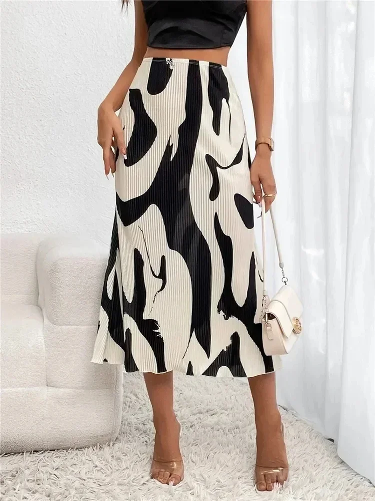 Dressy Casual Graphic Print Pleated Long Skirts Women Autumn Fashion Elastic High Waist Geometry  Skirt Streetwear