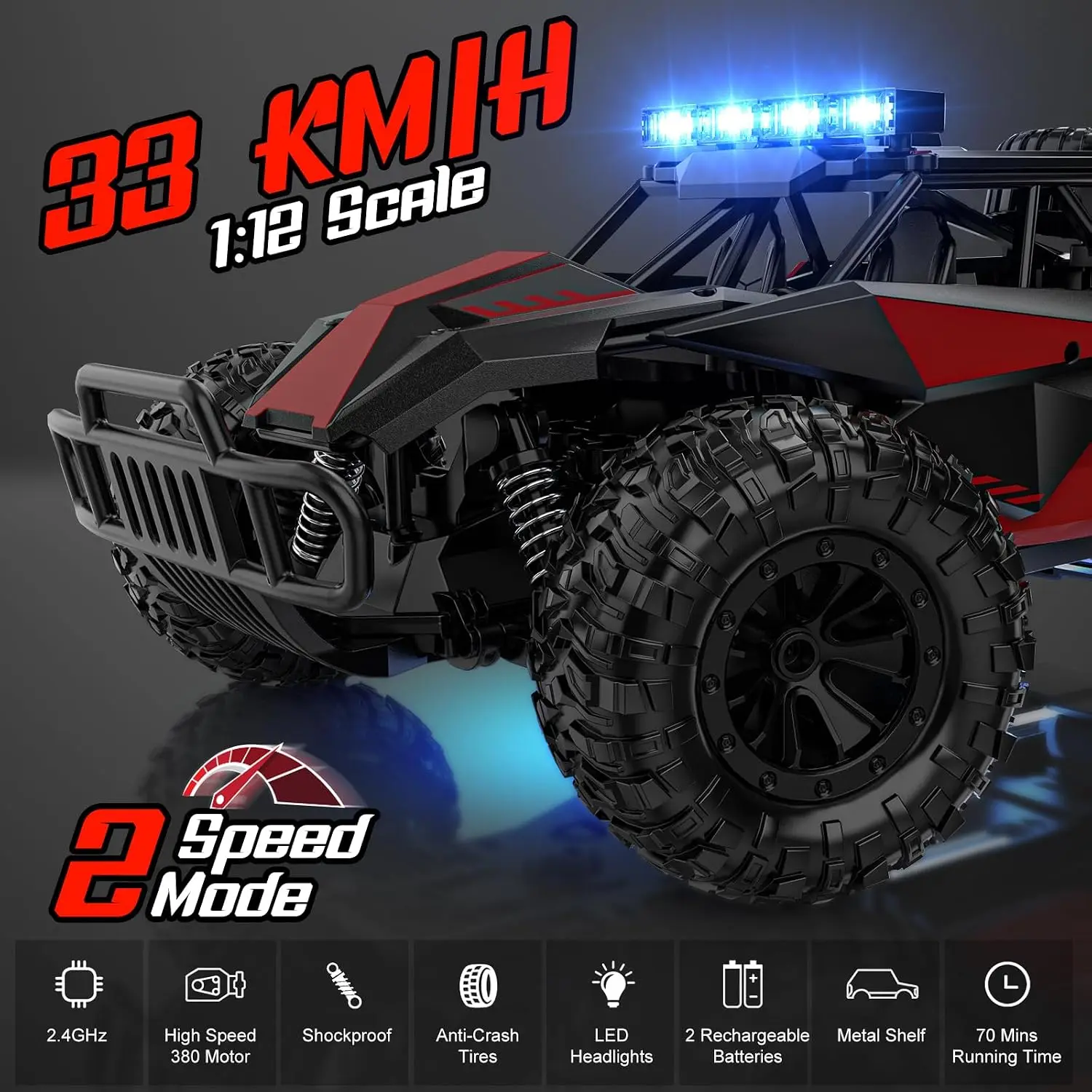 Remote Control Car, 2.4GHz High Speed 33KM/H RC Cars Toys, 1:12 Monster RC Truck Off Road with LED Headlight and Rechargeable Ba