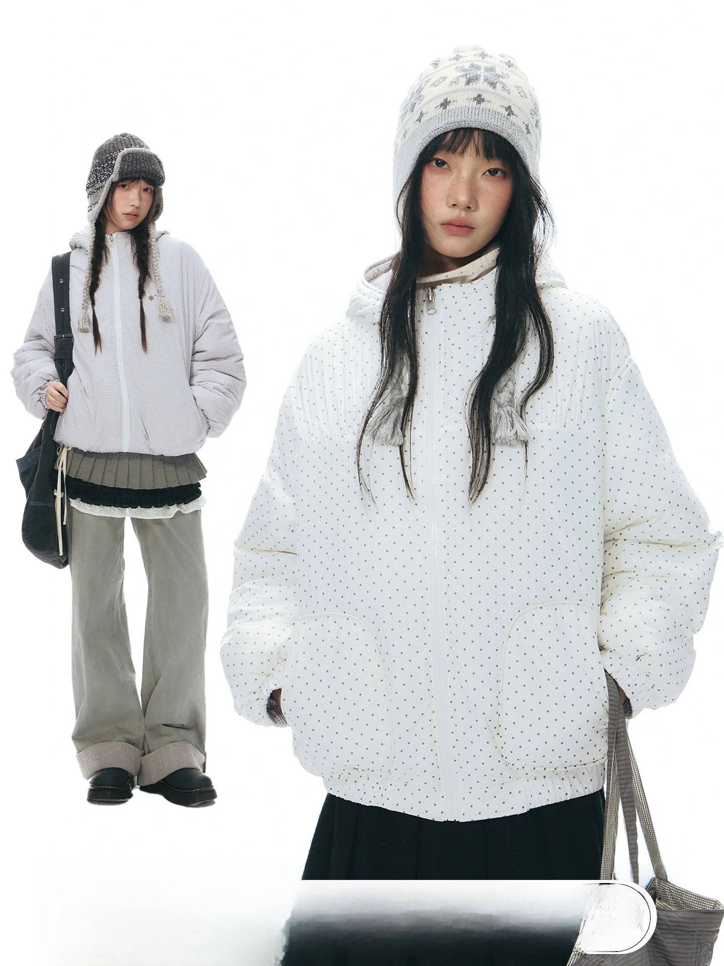 

NAPSNAPS Original Double-Sided Wearable Hooded Cotton Jaet Women's Polka Dot ort Coat Winter New Sle Warm Outerwear