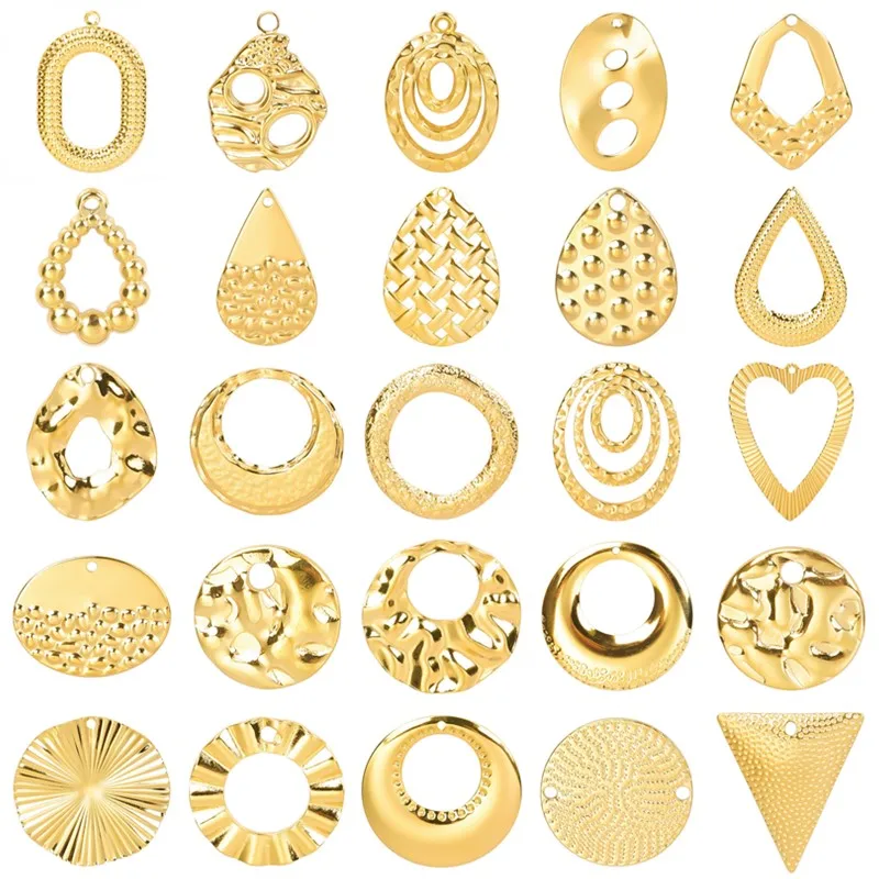 5pcs Different Style Real Gold Plated Vintage Round Water Drop Charm Geometric Stainless Steel Pendants For Jewelry Making Bulk