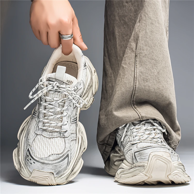 

Men's Summer 2026 Sport Shoes Thin Thick Bottom Net Surface Casual Running Dad Trendy Shoes Leather Inner Breathable Low Top