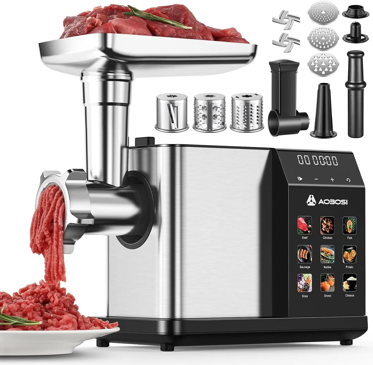 Multifunctional Digital Meat Grinder Electric 3000W Max | 9 Touch Screen Presets, Auto-Reverse & Built-in Storage -Grinding, Sau