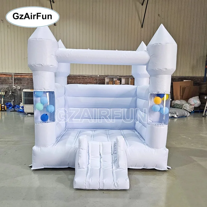 Commercial Pastel Light Blue Inflatable Bounce Castle With Transparent Ball Columns Blue Inflatable Jumping House for Kids Event