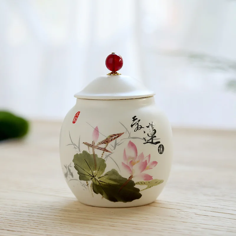 Ceramic Tea Canister European Style White Porcelain Flower Vase Moisture-proof Sealed Jar Household Storage Box Container Crafts