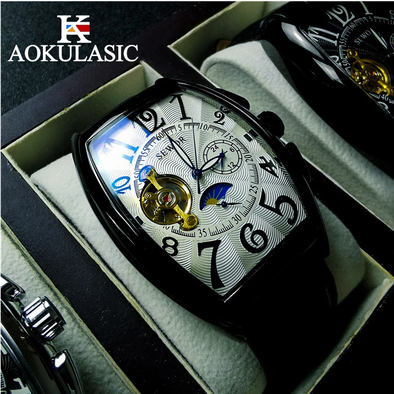 

AOKULASIC Mechanical Watches Fashion Men Watches Tonneau Dial Tourbillon Automatic Mechanical Watch Men Moon Phase reloj hombre