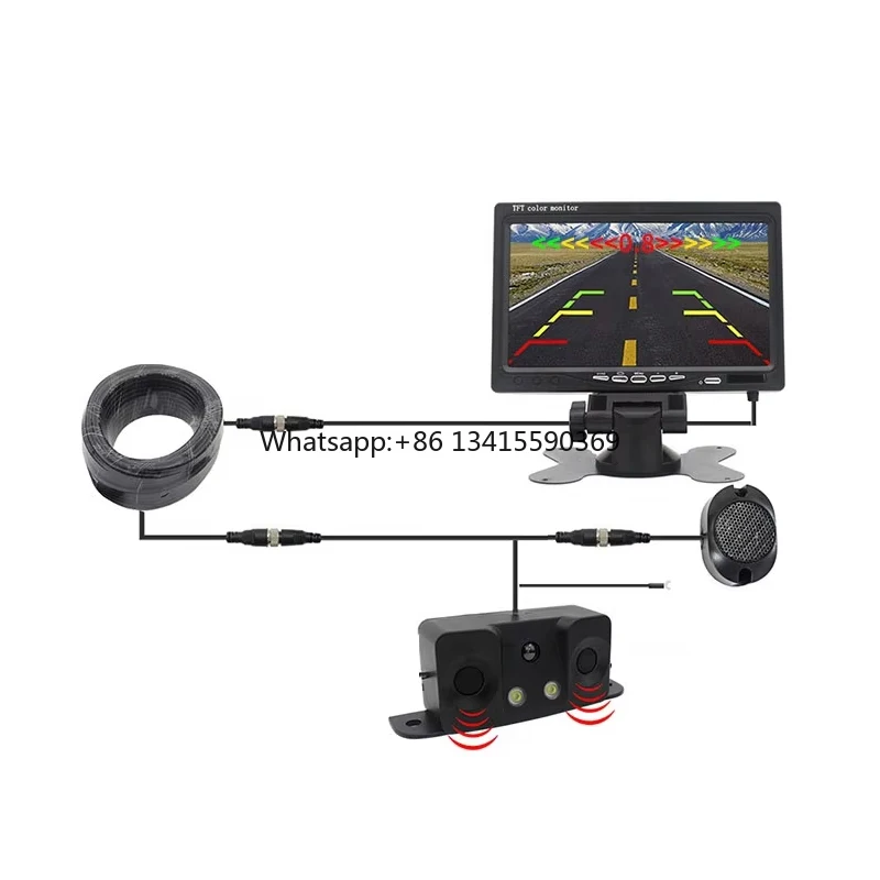 طقم مستشعر ركن السيارة العكسي 3 في 1 مع شاشة مقاومة للماء مقاس 7 بوصات وكاميرا احتياطية بنظام مضاد للتصادمات على شكل حرف U #1