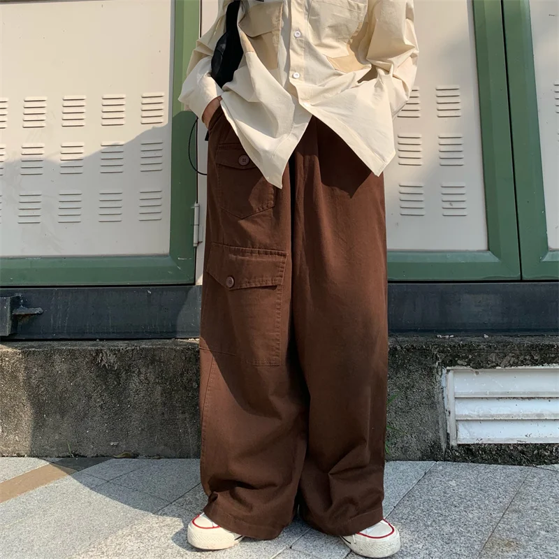 

Men 2024 Spring Autumn Retro Multi-pocket Straight Pant Male Solid Color Cargo Pants Men's Casual Loose Wide Leg Trousers I714