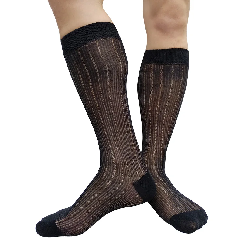 Striped Mens Formal Dress Suit Socks Black See Through Knee High Sexy Stocking Lingerie Male Hose Gentlemen Suits Socks