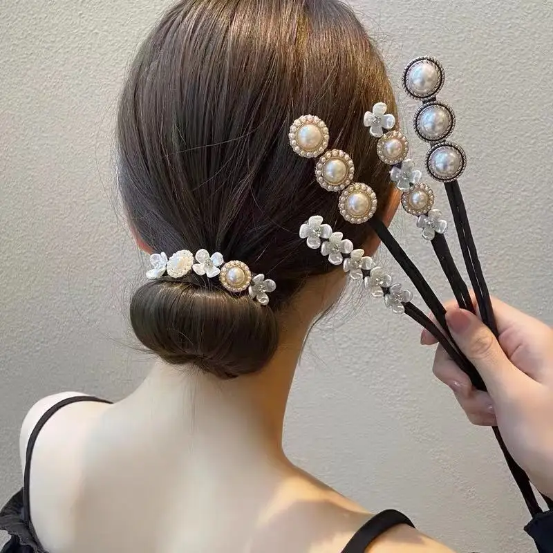 Fashion Pearl Flower Scrunchies Retro Donut Hair Styling Tool for Women Girls Ponytail Bun Hairbands Elastic Headwear Headband