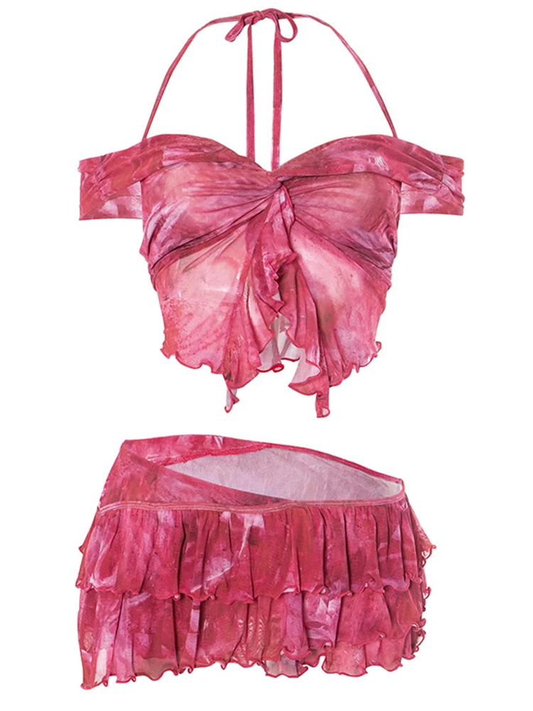 الصيف الشاطئ الأحمر بيكيني مطبوع سترة البدلة مثير أكمام قبالة الكتف تكدرت حافة منخفضة تنورة وسط مجموعة سيدة 2025 عطلة الزي #6