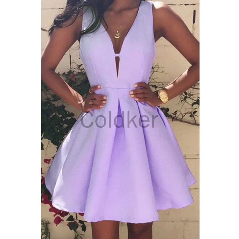 2022 summer Women fashion chic A-line dresses backless zipper deep V neck sleepveless pink mini dresses prom evening dress vesti