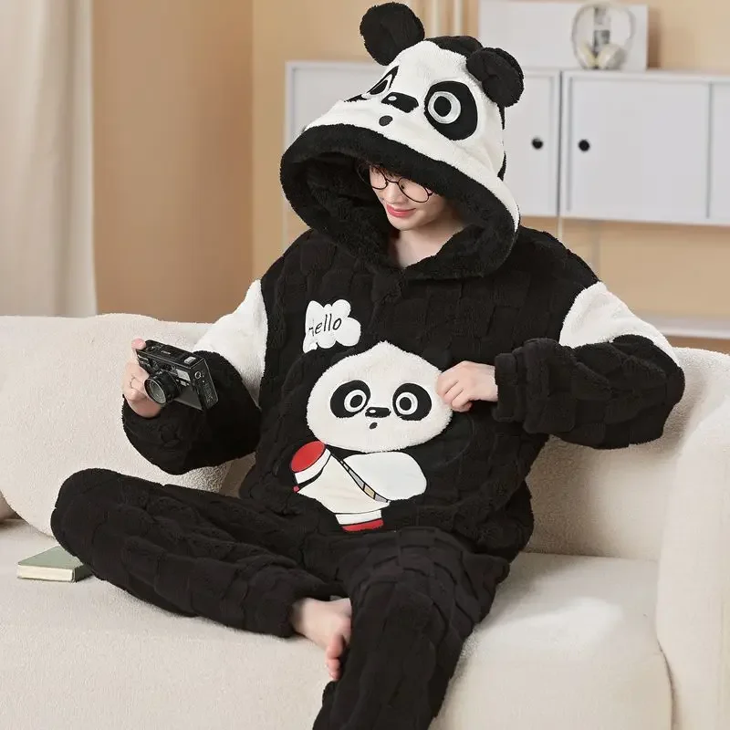 Männer Pyjamas Plüsch Korallen Fleece Pyjamas Herbst Winter männliche Nachtwäsche verdicken lange Ärmel Kapuze Cartoon warme Lounge wear Set