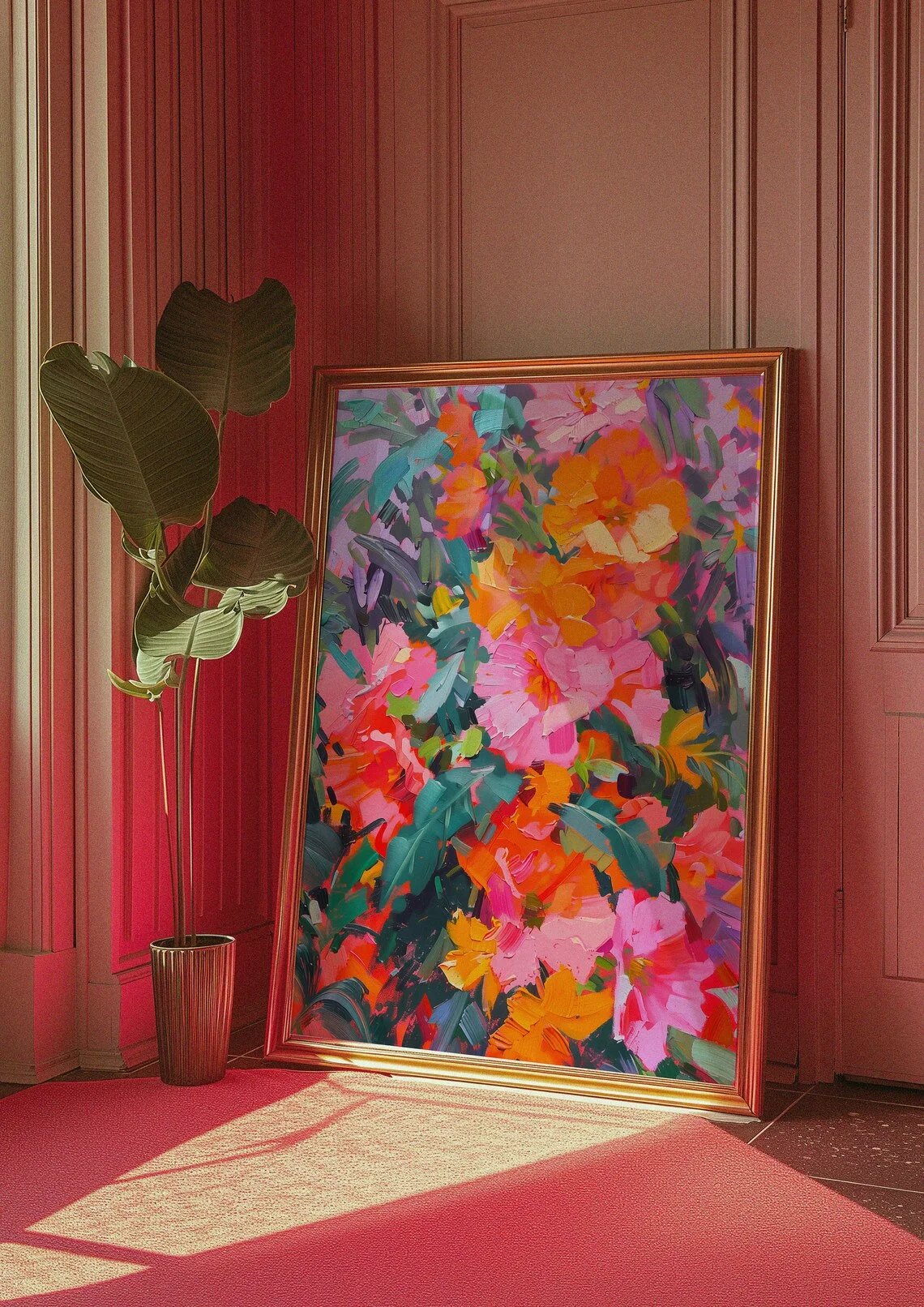 "Vibrant Floral Impasto Wall Print Decor - Bold Brushstroke Oil Painting of Pink & Orange Flowers, Modern Colorful Botanical Art image 2