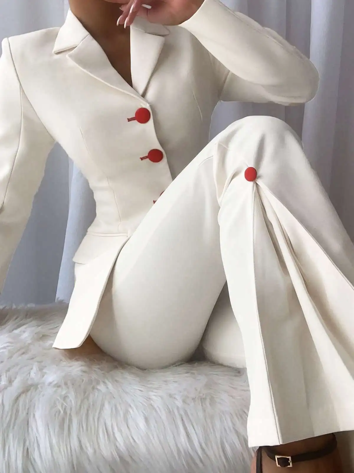 Red White Women Office Suits Single-breasted Blazer Elastic Waist Pants Suits Formal Party Wear 2 Pieces