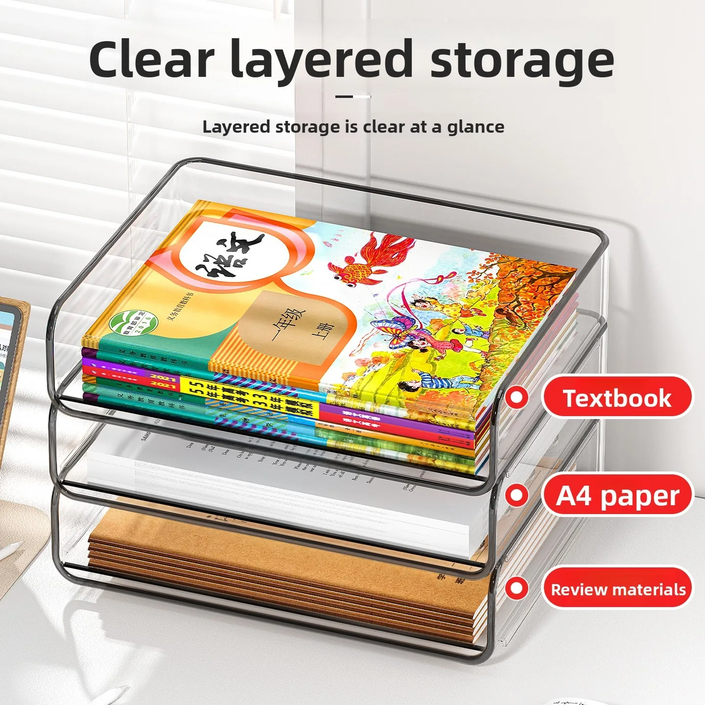 Stackable Desktop File Organizer Clear Modular A4 Paper Tray Document Storage Rack for Office Home School Student Desk