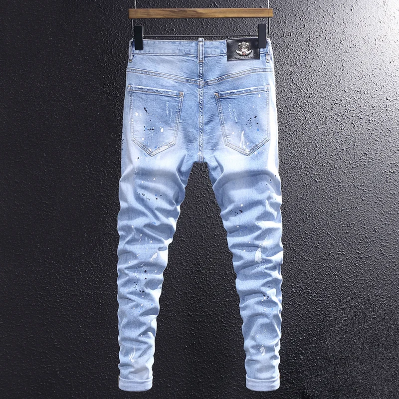 Street Fashion Men Jeans Retro Light Blue Slim Fit Elastic Hole Ripped Jeans Men Stretch Trousers Painted Designer Hip Hop Pants