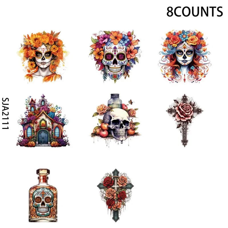 8pcs Day of The Dead Sublimation UV DTF Cup Stickers, Waterproof Sticker Pack for Decorating Mugs, Cups,DIY Art Supplies