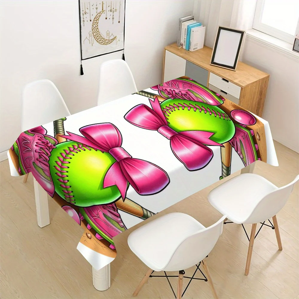Sport Tablecloth, Softball Pink Bow and Glove Pattern Cover, Waterproof Table Cloth for Dining Table, Sport Party Decoration