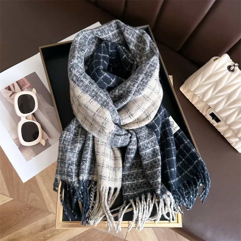 New Cashmere Matching Scarf Women Autumn Winter Thick Warm Color Matching Lattice Extended Scarves Beard Tassel Long Scarf Girls