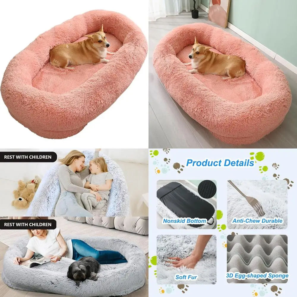 

Giant Washable Faux Fur Dog Bed for Humans - Extra Large Nap Bed, Adult Oval Design, Comfortable Pet Bedding