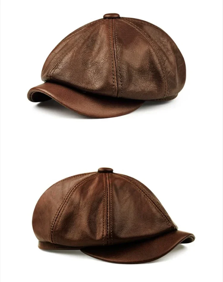 Retro Brown Hats Men Spring/Winter 100% Real Leather Warm Cap Male Beret Painter Boina Cowhide Octagonal Casquette High Quality