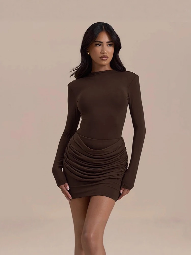 

Новое весеннее женское короткое платье с вырезом лодочкой и рюшами 2026, модное однотонное вечернее платье с длинными рукавами для вечеринки, облегающее женское Verstido